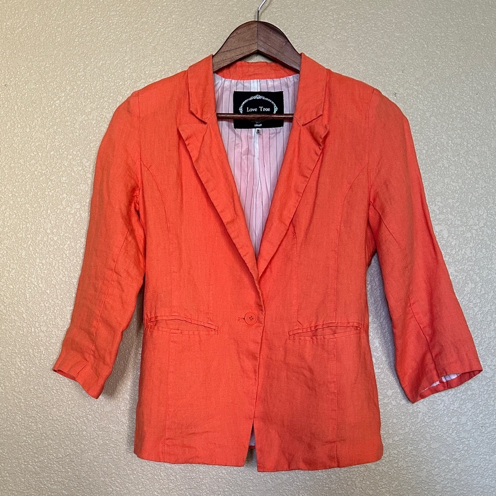 Love Tree Vibrant Coral Orange Linen Blazer